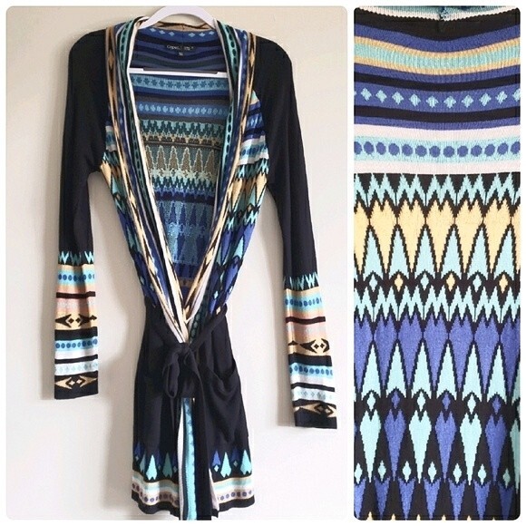GYPSY 05 Global Village Longline Geomatric Aztec Cardigan Sweater Wrap Tie XS - Picture 2 of 10